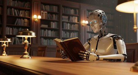 A futuristic robot reads a book in a dimly lit library with warm glowing lamps