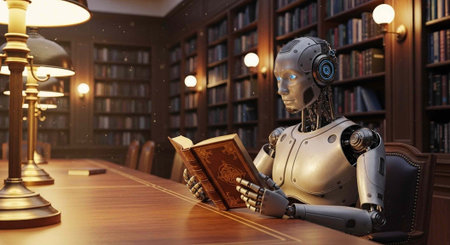 A futuristic robot reads a book in a quiet library with warm lighting and bookshelves