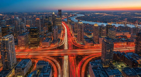 Aerial view of a bustling cityscape at dusk with a river and highway interchange