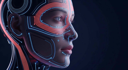 A futuristic digital illustration of a woman's face with neon circuit lines and wiresの写真素材