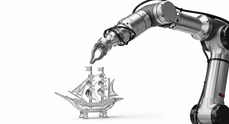 A robotic arm holds a fountain pen over a detailed metal ship model on a white background