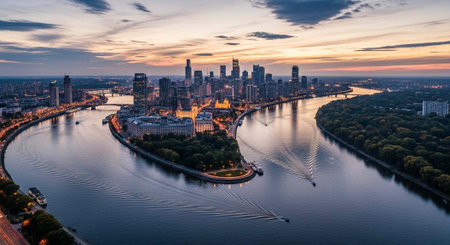 Aerial view of a modern city skyline at sunset with a river and boats