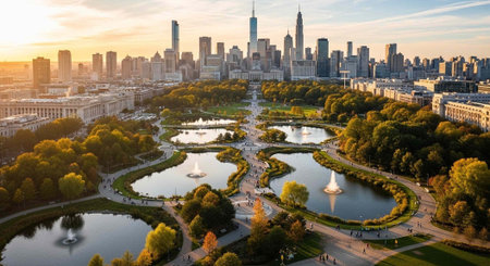 Aerial view of a serene city park with a stunning skyline in the background at sunsetの写真素材