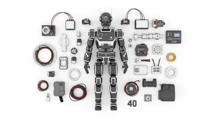 A disassembled robot toy with various components and parts laid out on a white background