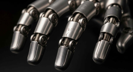 A close-up view of metallic robotic arms against a dark background