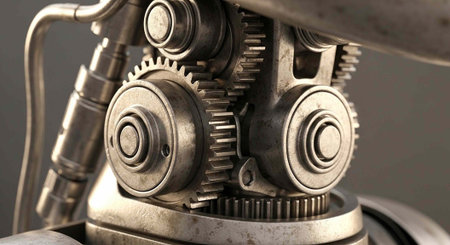 A close-up view of industrial gears and machinery in a factory setting with metal components