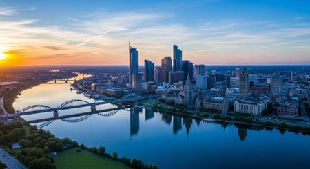 Aerial view of a city skyline at sunset with a river and bridge