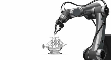 A robotic arm precisely crafts a detailed miniature ship inside a lamp