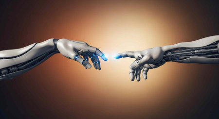 A robotic hand and a human hand touching with a bright light between them