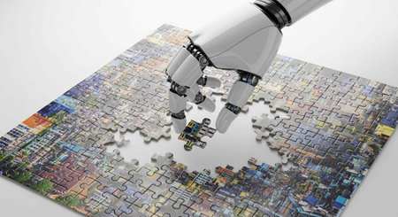 A robotic hand solving a colorful puzzle with missing pieces on a white surface
