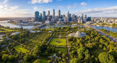 Aerial view of a vibrant city skyline with a beautiful park and serene waterways