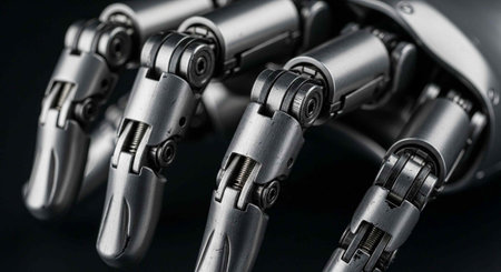 A close-up view of a robotic hand with metallic fingers on a dark background