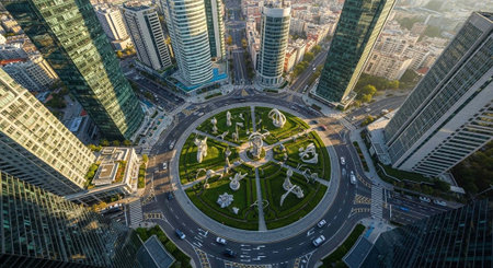 Aerial view of a modern city with a large roundabout and skyscrapers