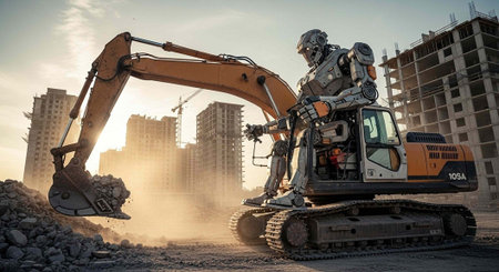 A large excavator demolishes a building in an urban area at sunset with a robot operator