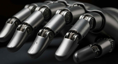 A close-up view of a robotic hand with metallic fingers and joints on a dark background