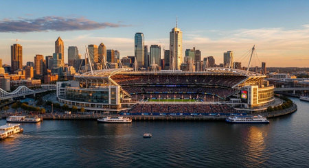 Aerial view of a modern stadium in a city skyline at sunset with a waterfront
