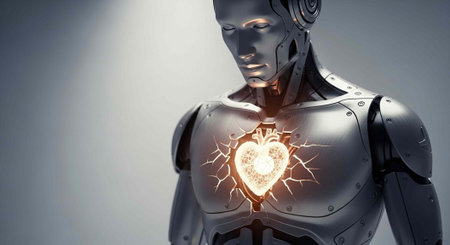 A futuristic robot with a glowing heart in its chest, symbolizing artificial intelligence and...