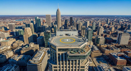 Aerial view of a bustling city with a helicopter pad on a skyscraper rooftop