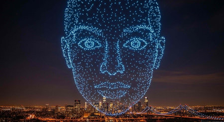 A large blue light installation in the shape of a human face hovers above a city at night