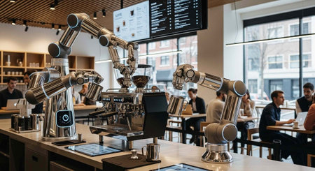 Robotic arms prepare coffee in a modern cafe with people sitting at tables