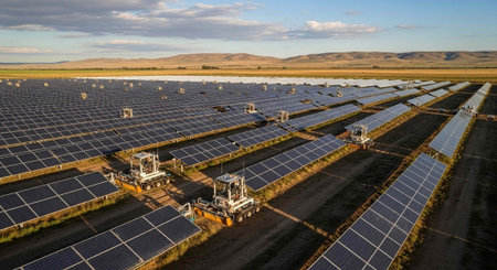 A large solar panel farm in a vast open landscape with mountains in the background
