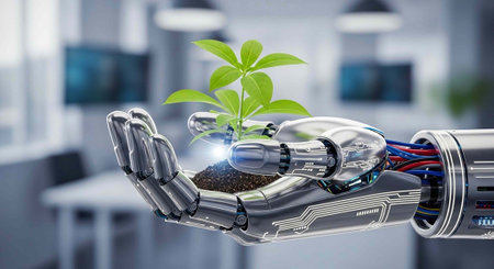 A robotic hand holding a small plant in a modern office setting with technology and nature combining