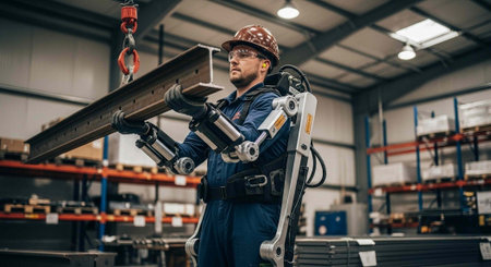 A construction worker wearing an exoskeleton suit lifts a heavy metal beam in a warehouse