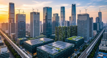 Aerial view of a modern cityscape with sleek skyscrapers and green rooftops at sunset