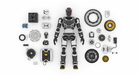 A disassembled robot toy with various parts and components laid out on a white background