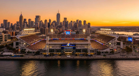 Aerial view of a crowded stadium near a waterfront city at sunset