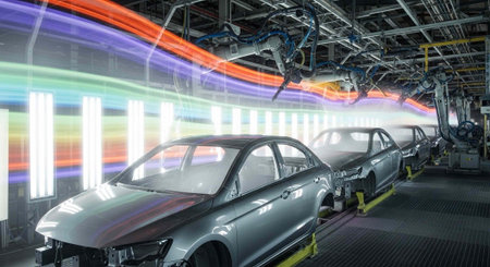 A modern car manufacturing plant with sleek vehicles on the assembly line at night