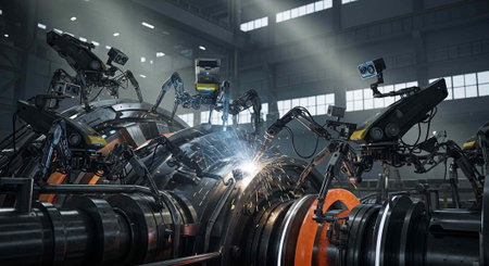 Robotic welding machines work on large industrial pipes in a modern factory setting with bright...