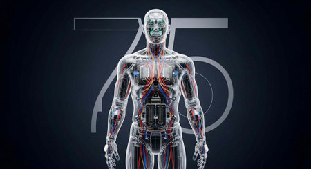 A futuristic cyborg with exposed internal wiring and circuitry stands against a dark background