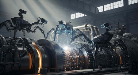 Robots working together in a modern industrial factory with bright lights and machinery
