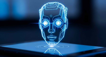 A futuristic digital illustration of a robotic head on a tablet screen with blue glowing eyes