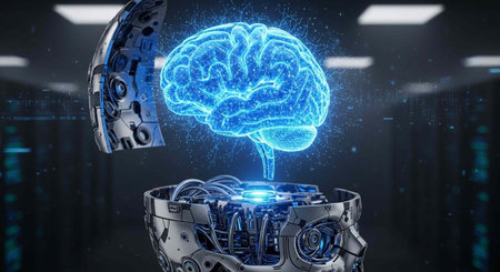 A futuristic robotic brain with glowing blue circuits in a dark technological environment
