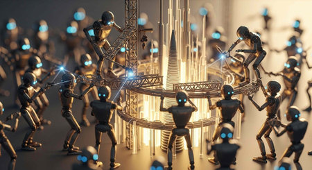 A group of robots working together to build a large structure with glowing blue eyes