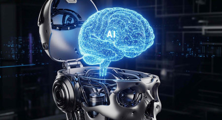 A futuristic robotic head with an open skull revealing a glowing blue brain with AI