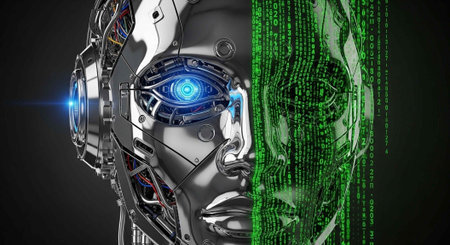 A futuristic robotic head with a glowing blue eye and green digital code in the background
