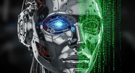 A futuristic robotic head with a glowing blue eye and green digital overlay