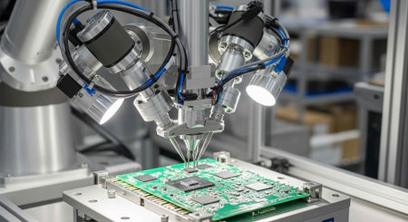 A robotic arm precisely assembling a circuit board in a modern manufacturing facility with high-tech...