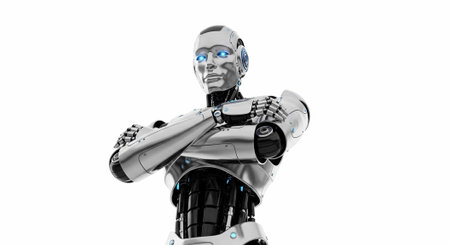 A futuristic robot with glowing blue eyes stands confidently with its arms crossedの写真素材