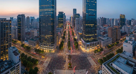 Aerial view of a bustling city at dusk with skyscrapers and busy streets