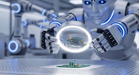 A futuristic robot examines a small circuit board with a magnifying glass in a high-tech laboratory...