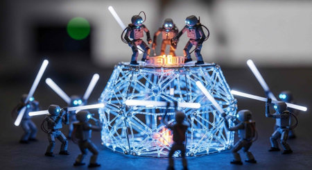 A group of small toy action figures with glowing lightsabers standing around a futuristic structure