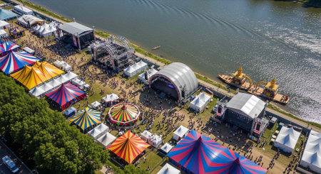 An aerial view of a vibrant festival by the water with colorful tents and a large crowdの写真素材