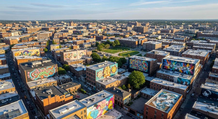 Aerial view of a vibrant city with colorful murals on buildings under a blue sky