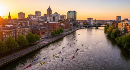 Aerial view of a city skyline at sunset with a river and kayakers in the foreground