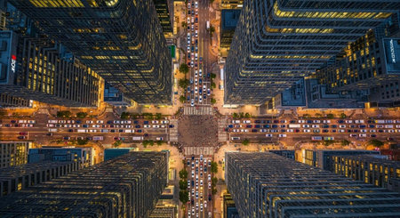 Aerial view of a bustling city at night with towering skyscrapers and busy streetsの写真素材