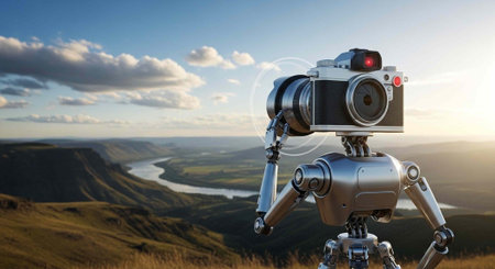 A futuristic robot with a camera stands on a hill overlooking a serene landscape at sunset
